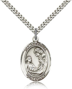 Sterling Silver St. Cecilia Pendant, Stainless Silver Heavy Curb Chain, Large Size Catholic Medal, 1" x 3/4" Sterling Silver St. Cecilia Pendant, Stainless Silver Heavy Curb Chain, Large Size Catholic Medal, 1" x 3/4"