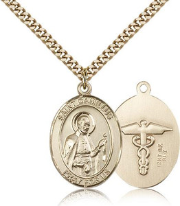 Gold Filled St. Camillus of Lellis Pendant, Stainless Gold Heavy Curb Chain, Large Size Catholic Medal, 1" x 3/4" Gold Filled St. Camillus of Lellis Pendant, Stainless Gold Heavy Curb Chain, Large Size Catholic Medal, 1" x 3/4"