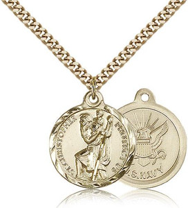 Gold Filled St. Christopher Navy Pendant, Gold Heavy Curb Chain, 7/8" x 3/4" Gold Filled St. Christopher Navy Pendant, Gold Heavy Curb Chain, 7/8" x 3/4"