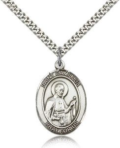 Sterling Silver St. Camillus of Lellis Pendant, Stainless Silver Heavy Curb Chain, Large Size Catholic Medal, 1" x 3/4" Sterling Silver St. Camillus of Lellis Pendant, Stainless Silver Heavy Curb Chain, Large Size Catholic Medal, 1" x 3/4"