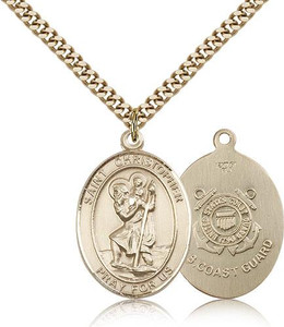 Gold Filled St. Christopher Coast Guard Pendant, Gold Heavy Curb Chain, Large Size Catholic Medal, 1" x 3/4" Gold Filled St. Christopher Coast Guard Pendant, Gold Heavy Curb Chain, Large Size Catholic Medal, 1" x 3/4"