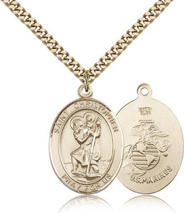 Gold Filled St. Christopher Marines Pendant, Gold Heavy Curb Chain, Large Size Catholic Medal, 1" x 3/4" Gold Filled St. Christopher Marines Pendant, Gold Heavy Curb Chain, Large Size Catholic Medal, 1" x 3/4"