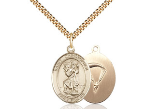 Gold Filled St. Christopher / Paratrooper Pendant, SG Heavy Curb Chain, Large Size Catholic Medal, 1" x 3/4" Gold Filled St. Christopher / Paratrooper Pendant, SG Heavy Curb Chain, Large Size Catholic Medal, 1" x 3/4"