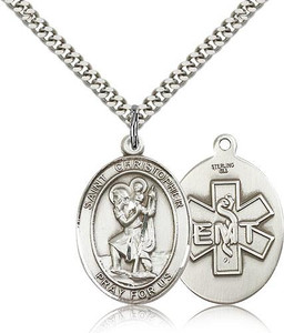 Sterling Silver St. Christopher / EMT Pendant, Stainless Silver Heavy Curb Chain, Large Size Catholic Medal, 1" x 3/4" Sterling Silver St. Christopher / EMT Pendant, Stainless Silver Heavy Curb Chain, Large Size Catholic Medal, 1" x 3/4"