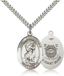 Sterling Silver St. Christopher Coast Guard Pendant, Heavy Curb Chain, Large Size Catholic Medal, 1" x 3/4" Sterling Silver St. Christopher Coast Guard Pendant, Heavy Curb Chain, Large Size Catholic Medal, 1" x 3/4"