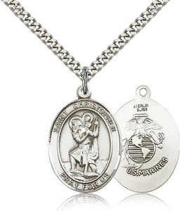 Sterling Silver St. Christopher Marine Pendant, Heavy Curb Chain, Large Size Catholic Medal, 1" x 3/4" Sterling Silver St. Christopher Marine Pendant, Heavy Curb Chain, Large Size Catholic Medal, 1" x 3/4"