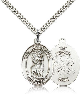 Sterling Silver St. Christopher National Guard Pendant, Heavy Curb Chain, Large Size Catholic Medal, 1" x 3/4" Sterling Silver St. Christopher National Guard Pendant, Heavy Curb Chain, Large Size Catholic Medal, 1" x 3/4"