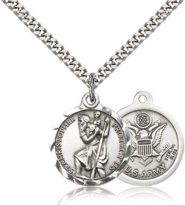 Sterling Silver St. Christopher Army Pendant, Silver Heavy Curb Chain, 7/8" x 3/4" Sterling Silver St. Christopher Army Pendant, Silver Heavy Curb Chain, 7/8" x 3/4"
