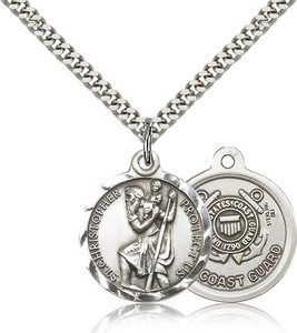 Sterling Silver St. Christopher Coast Guard Pendant, Silver Heavy Curb Chain, 7/8" x 3/4" Sterling Silver St. Christopher Coast Guard Pendant, Silver Heavy Curb Chain, 7/8" x 3/4"
