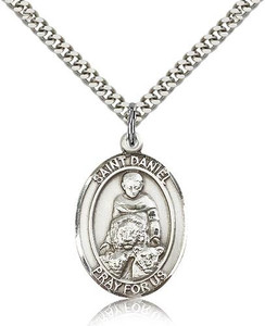 Sterling Silver St. Daniel Pendant, Stainless Silver Heavy Curb Chain, Large Size Catholic Medal, 1" x 3/4"