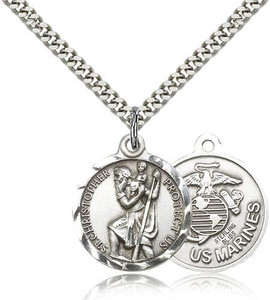 Sterling Silver St. Christopher Marine Pendant, Silver Heavy Curb Chain, 7/8" x 3/4" Sterling Silver St. Christopher Marine Pendant, Silver Heavy Curb Chain, 7/8" x 3/4"