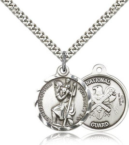 Sterling Silver St. Christopher National Guard Pendant, Silver Heavy Curb Chain, 7/8" x 3/4" Sterling Silver St. Christopher National Guard Pendant, Silver Heavy Curb Chain, 7/8" x 3/4"