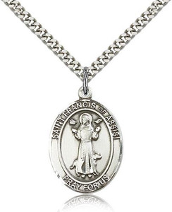 Sterling Silver St. Francis of Assisi Pendant, Stainless Silver Heavy Curb Chain, Large Size Catholic Medal, 1" x 3/4" Sterling Silver St. Francis of Assisi Pendant, Stainless Silver Heavy Curb Chain, Large Size Catholic Medal, 1" x 3/4"