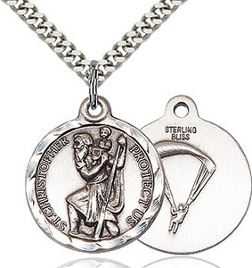 Sterling Silver St. Christopher Paratrooper Pendent, Silver Heavy Curb Chain