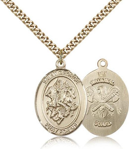 Gold Filled St. George National Guard Pendant, Stainless Gold Heavy Curb Chain, Large Size Catholic Medal, 1" x 3/4"