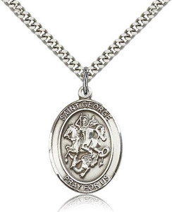 Sterling Silver St. George Pendant, Stainless Silver Heavy Curb Chain, Large Size Catholic Medal, 1" x 3/4" Sterling Silver St. George Pendant, Stainless Silver Heavy Curb Chain, Large Size Catholic Medal, 1" x 3/4"