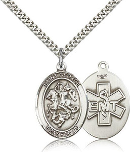 Sterling Silver St. George / Emt Pendant, Stainless Silver Heavy Curb Chain, Large Size Catholic Medal, 1" x 3/4" Sterling Silver St. George / Emt Pendant, Stainless Silver Heavy Curb Chain, Large Size Catholic Medal, 1" x 3/4"