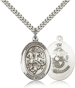 Sterling Silver St. George Marine Pendant, Heavy Curb Chain, Large Size Catholic Medal, 1" x 3/4" Sterling Silver St. George Marine Pendant, Heavy Curb Chain, Large Size Catholic Medal, 1" x 3/4"