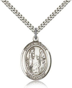 Sterling Silver St. Genevieve Pendant, Stainless Silver Heavy Curb Chain, Large Size Catholic Medal, 1" x 3/4"