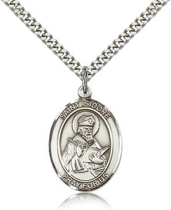 Sterling Silver St. Isidore of Seville Pendant, Stainless Silver Heavy Curb Chain, Large Size Catholic Medal, 1" x 3/4" Sterling Silver St. Isidore of Seville Pendant, Stainless Silver Heavy Curb Chain, Large Size Catholic Medal, 1" x 3/4"