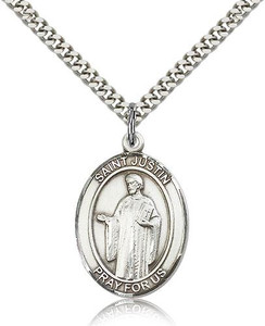 Sterling Silver St. Justin Pendant, Stainless Silver Heavy Curb Chain, Large Size Catholic Medal, 1" x 3/4" Sterling Silver St. Justin Pendant, Stainless Silver Heavy Curb Chain, Large Size Catholic Medal, 1" x 3/4"
