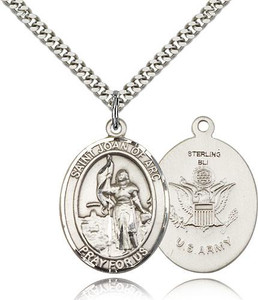 Sterling Silver St. Joan of Arc / Army Pendant, Heavy Curb Chain, Large Size Catholic Medal, 1" x 3/4"