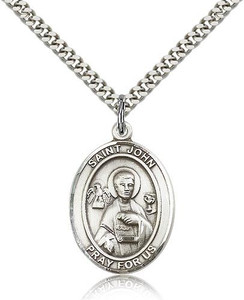 Sterling Silver St. John the Apostle Pendant, Stainless Silver Heavy Curb Chain, Large Size Catholic Medal, 1" x 3/4" Sterling Silver St. John the Apostle Pendant, Stainless Silver Heavy Curb Chain, Large Size Catholic Medal, 1" x 3/4"