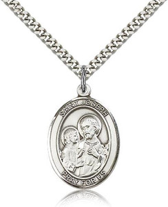 Sterling Silver St. Joseph Pendant, Stainless steel Heavy Curb Chain, Large Size Catholic Medal, 1" x 3/4" Sterling Silver St. Joseph Pendant, Stainless steel Heavy Curb Chain, Large Size Catholic Medal, 1" x 3/4"