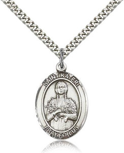 Sterling Silver St. Kateri Pendant, Stainless Silver Heavy Curb Chain, Large Size Catholic Medal, 1" x 3/4" Sterling Silver St. Kateri Pendant, Stainless Silver Heavy Curb Chain, Large Size Catholic Medal, 1" x 3/4"