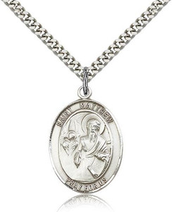 Sterling Silver St. Matthew the Apostle Pendant, Stainless Silver Heavy Curb Chain, Large Size Catholic Medal, 1" x 3/4"