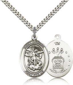 Sterling Silver St. Michael the Archangel Air Force Pendant, Heavy Curb Chain, Large Size Catholic Medal, 1" x 3/4"