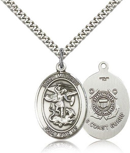 Sterling Silver St. Michael the Archangel Coast Guard Pendant, Heavy Curb Chain, Large Size Catholic Medal, 1" x 3/4" Sterling Silver St. Michael the Archangel Coast Guard Pendant, Heavy Curb Chain, Large Size Catholic Medal, 1" x 3/4"