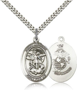 Sterling Silver St. Michael the Archangel Marines Pendant, Heavy Curb Chain, Large Size Catholic Medal, 1" x 3/4" Sterling Silver St. Michael the Archangel Marines Pendant, Heavy Curb Chain, Large Size Catholic Medal, 1" x 3/4"