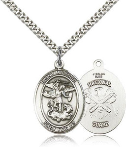 Sterling Silver St. Michael the Archangel National Guard Pendant, Stainless Silver Heavy Curb Chain, Large Size Catholic Medal, 1" x 3/4" Sterling Silver St. Michael the Archangel National Guard Pendant, Stainless Silver Heavy Curb Chain, Large Size Catholic Medal, 1" x 3/4"