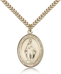 Gold Filled Miraculous Pendant, Stainless Gold Heavy Curb Chain, Large Size Catholic Medal, 1" x 3/4" Gold Filled Miraculous Pendant, Stainless Gold Heavy Curb Chain, Large Size Catholic Medal, 1" x 3/4"