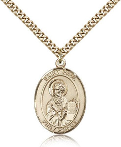 Gold Filled St. Paul the Apostle Pendant, Stainless Gold Heavy Curb Chain, Large Size Catholic Medal, 1" x 3/4" Gold Filled St. Paul the Apostle Pendant, Stainless Gold Heavy Curb Chain, Large Size Catholic Medal, 1" x 3/4"