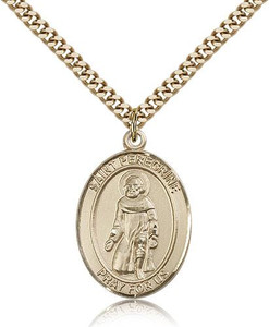 Gold Filled St. Peregrine Laziosi Pendant, Stainless Gold Heavy Curb Chain, Large Size Catholic Medal, 1" x 3/4" Gold Filled St. Peregrine Laziosi Pendant, Stainless Gold Heavy Curb Chain, Large Size Catholic Medal, 1" x 3/4"