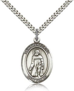 Sterling Silver St. Peregrine Laziosi Pendant, Stainless Silver Heavy Curb Chain, Large Size Catholic Medal, 1" x 3/4" Sterling Silver St. Peregrine Laziosi Pendant, Stainless Silver Heavy Curb Chain, Large Size Catholic Medal, 1" x 3/4"