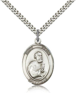 Sterling Silver St. Peter the Apostle Pendant, Stainless Silver Heavy Curb Chain, Large Size Catholic Medal, 1" x 3/4" Sterling Silver St. Peter the Apostle Pendant, Stainless Silver Heavy Curb Chain, Large Size Catholic Medal, 1" x 3/4"