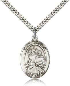 Sterling Silver St. Raphael the Archangel Pendant, Stainless Silver Heavy Curb Chain, Large Size Catholic Medal, 1" x 3/4"