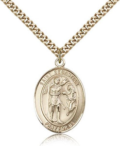 Gold Filled St. Sebastian Pendant, Stainless Gold Heavy Curb Chain, Large Size Catholic Medal, 1" x 3/4" Gold Filled St. Sebastian Pendant, Stainless Gold Heavy Curb Chain, Large Size Catholic Medal, 1" x 3/4"