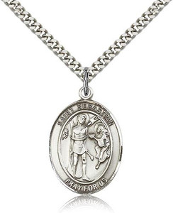 Sterling Silver St. Sebastian Pendant, Stainless Silver Heavy Curb Chain, Large Size Catholic Medal, 1" x 3/4" Sterling Silver St. Sebastian Pendant, Stainless Silver Heavy Curb Chain, Large Size Catholic Medal, 1" x 3/4"