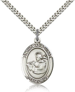 Sterling Silver St. Thomas Aquinas Pendant, Stainless Silver Heavy Curb Chain, Large Size Catholic Medal, 1" x 3/4" Sterling Silver St. Thomas Aquinas Pendant, Stainless Silver Heavy Curb Chain, Large Size Catholic Medal, 1" x 3/4"