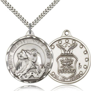 Sterling Silver St. Michael / Air Force Pendant, Silver Heavy Curb Chain, 1 3/8" x 1 1/4"