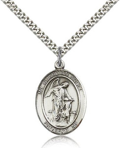 Sterling Silver Guardian Angel Pendant, Stainless Silver Heavy Curb Chain, Large Size Catholic Medal, 1" x 3/4" Sterling Silver Guardian Angel Pendant, Stainless Silver Heavy Curb Chain, Large Size Catholic Medal, 1" x 3/4"