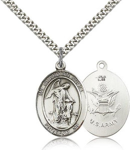 Sterling Silver Guardian Angel Pendant, Stainless Silver Heavy Curb Chain, Large Size Catholic Medal, 1" x 3/4" Sterling Silver Guardian Angel Pendant, Stainless Silver Heavy Curb Chain, Large Size Catholic Medal, 1" x 3/4"