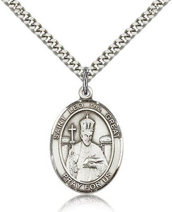 Sterling Silver St. Leo the Great Pendant, Stainless Silver Heavy Curb Chain, Large Size Catholic Medal, 1" x 3/4" Sterling Silver St. Leo the Great Pendant, Stainless Silver Heavy Curb Chain, Large Size Catholic Medal, 1" x 3/4"