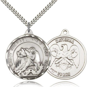 Sterling Silver St. Michael / Nat'l Guard Pendant, Silver Heavy Curb Chain, 1 3/8" x 1 1/4"