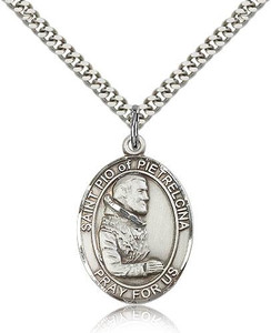 Sterling Silver St. Pio of Pietrelcina Pendant, Stainless Silver Heavy Curb Chain, Large Size Catholic Medal, 1" x 3/4" Sterling Silver St. Pio of Pietrelcina Pendant, Stainless Silver Heavy Curb Chain, Large Size Catholic Medal, 1" x 3/4"