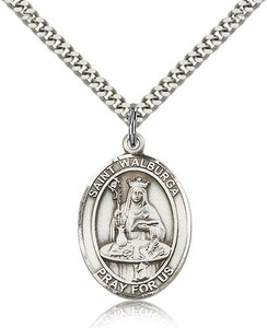 Sterling Silver St. Walburga Pendant, Stainless Silver Heavy Curb Chain, Large Size Catholic Medal, 1" x 3/4"